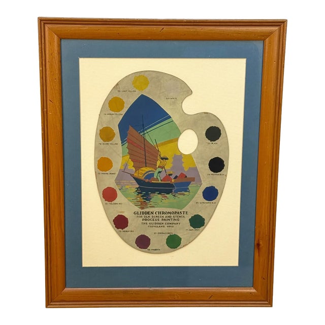 Mid-Century Glidden Paint Advertising Palette Asian Motif Framed & Matted For Sale