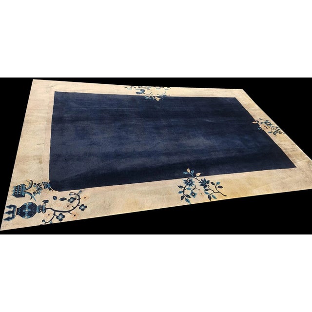 Chinese 1920s Navy Open Field Floral Deco Antique Chinese Peking Room Size Rug For Sale - Image 3 of 6