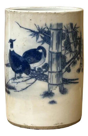 Chinese Distressed White Porcelain Blue Birds Graphic Holder Vase