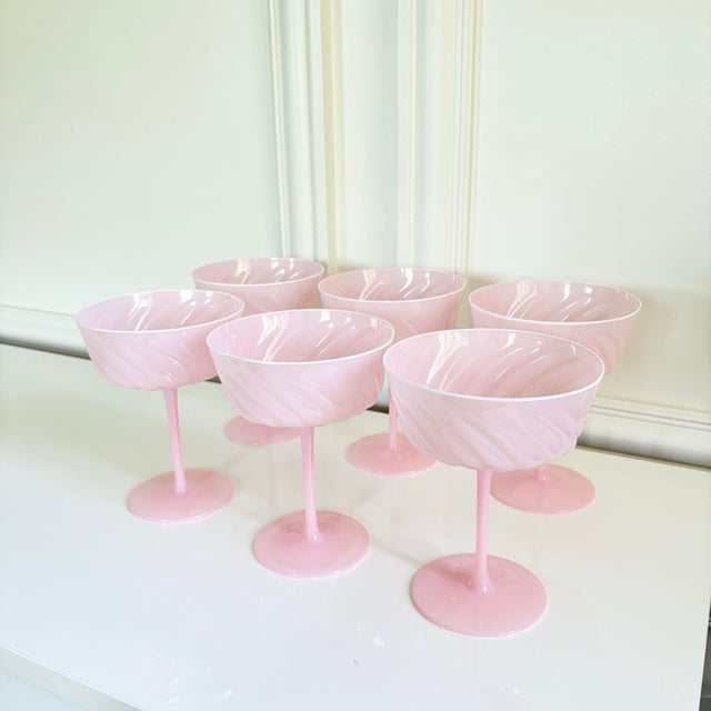 Cotton Candy Pink Ripple Optic Swirl Coupe Champagne Coctail Glasses (Set of 6) For Sale - Image 4 of 5