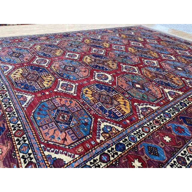Textile Kazak Rug 8'9" X 12'5" Red Wool Tribal Geometric Hand-Knotted Oriental Carpet For Sale - Image 7 of 15