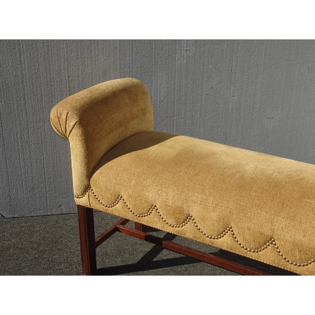 Textile Vintage Ethan Allen Rolled Arm Bench W Gold Velvet Fabric & Decorative Nails For Sale - Image 7 of 12