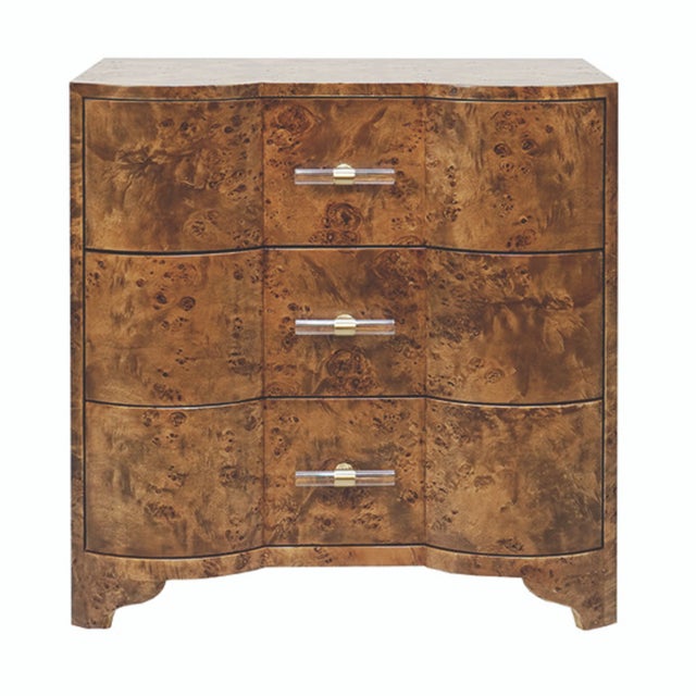 Brown Matthew Izzo Home Dark Burlwood Three Drawer Side Table With Acrylic and Brass Drawer Pulls For Sale - Image 8 of 8