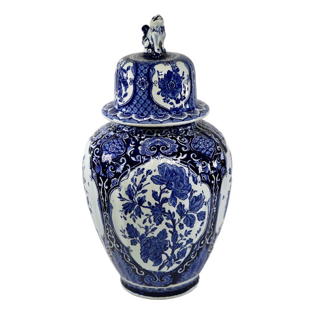 Vintage Large 15" Delft Blue Lidded Baluster Urn Ginger Jar by Boch for Royal Sphinx For Sale
