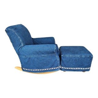 Rachel Aswell Style Shabby Chic Blue Denim Slipcovered Rocking Chair & Ottoman For Sale