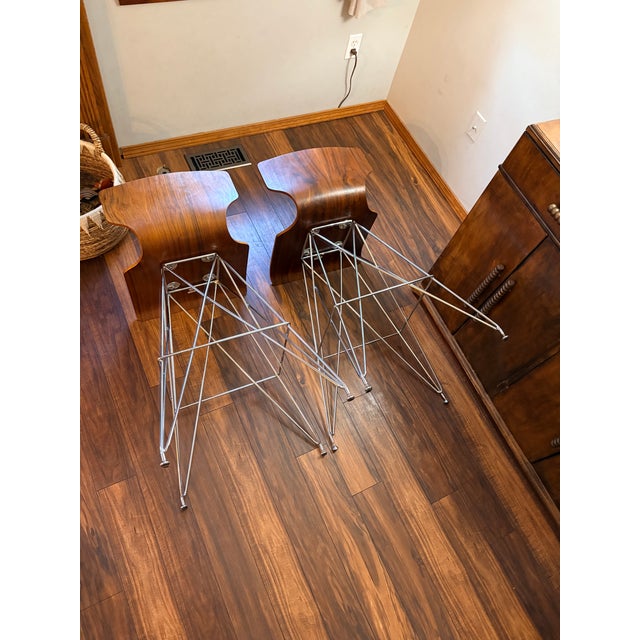 Pair of Vintage "Eiffel Tower" Chrome and Bent Wood Bar Stools For Sale - Image 10 of 11
