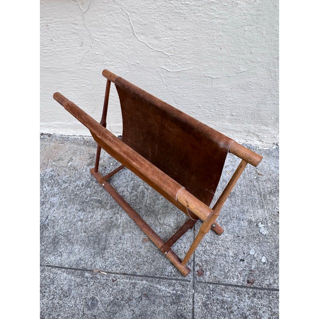 Mid-Century Danish Teak Magazine Rack With Suede Sling, Folding X-Base, Scandinavian Modern, 1960s For Sale - Image 9 of 10