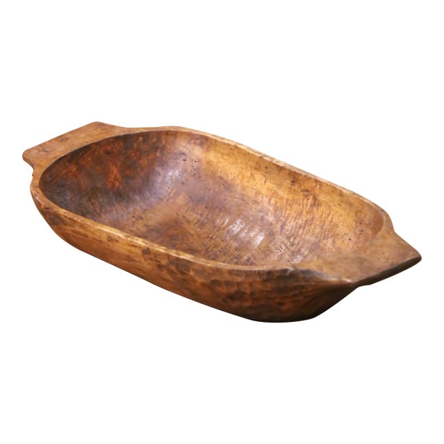 19th Century French Elm Dough Bowl With Hand-Carved Handle For Sale
