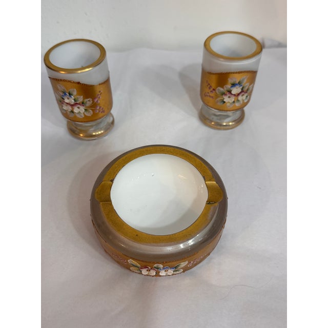 Mid 20th Century Mid-Century Bohemia Czechoslovakia Jeweled Gilt & Applied Floral Glass Set, 3 Pieces For Sale - Image 5 of 5