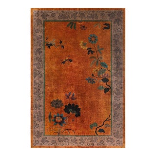 1920s Orange Floral Modern Antique Chinese Art Deco Rug 7' 10"x11' 6" Hand Knotted Carpet For Sale