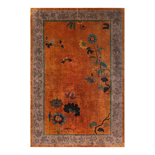 1920s Orange Floral Modern Antique Chinese Art Deco Rug 7' 10"x11' 6" Hand Knotted Carpet For Sale