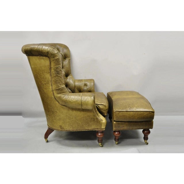 Lillian August Brown Green Leather Chesterfield Club Lounge Chair & Ottoman For Sale - Image 12 of 12