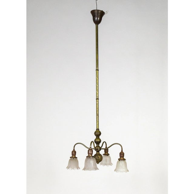 Victorian Brass Chandelier With Floral Ball & Bellflower Glass Shades For Sale - Image 10 of 13