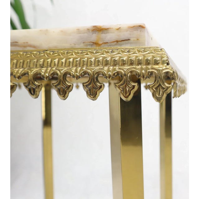 Square Solid Brass Onyx Marble Top Stand Pedestal Hoof Feet X-Stretcher Finial For Sale - Image 9 of 12