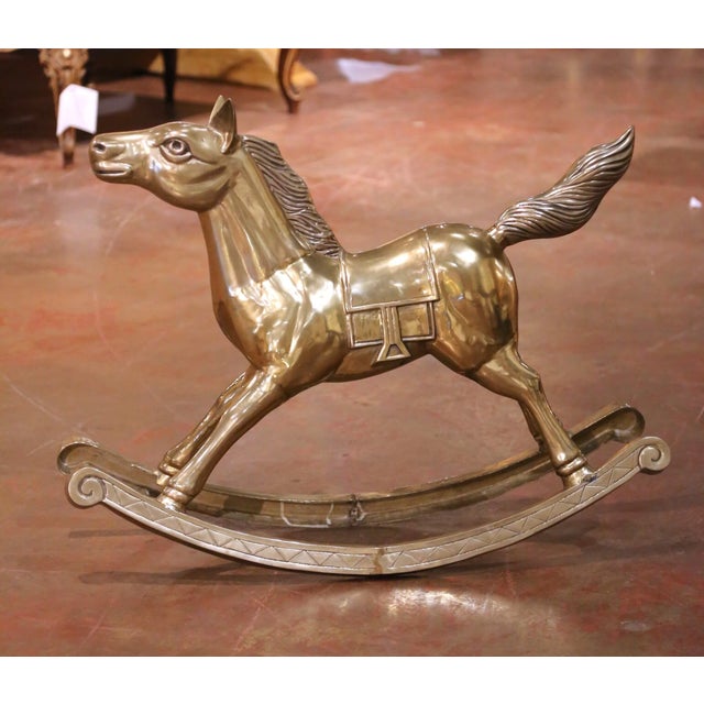 Mid-Century English Child Patinated Brass Rocking Carousel Horse on Curved Base For Sale In Dallas - Image 6 of 8