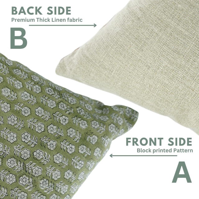Modern Fabdivine Handmade Block Print Floral Design Olive GreenTulsi Buti Printed Thick Linen Pillow Cover 12x20 Inches For Sale - Image 3 of 4