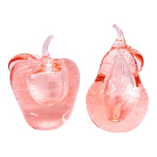 Alfredo Barbini Style Pink Bullicante Apple & Pear Glass Figurines – Murano / Mid-Century Glam For Sale