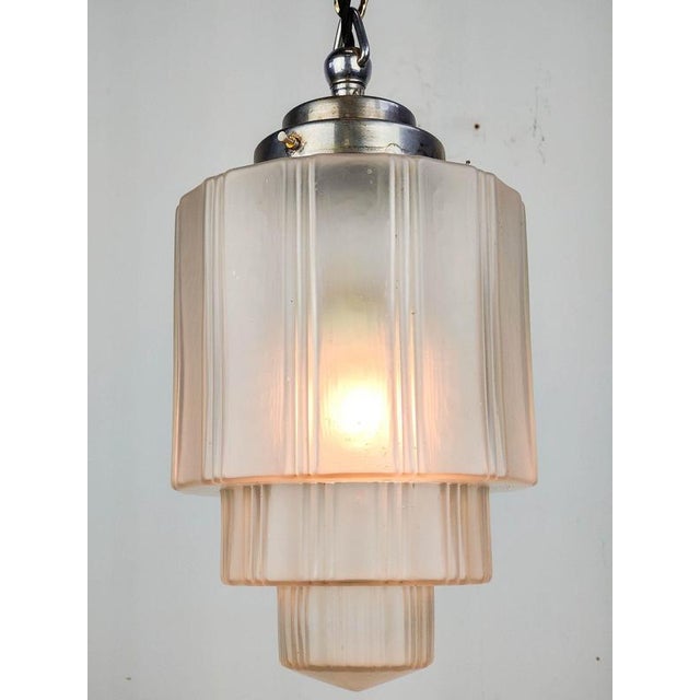 French Art Deco Etched Skyscraper Pendant Light For Sale - Image 3 of 8