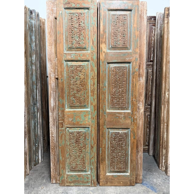 Antique Hand-Carved Double Wooden Doors – Distressed Green Rustic Barn Doors 80 For Sale In Orlando - Image 6 of 8