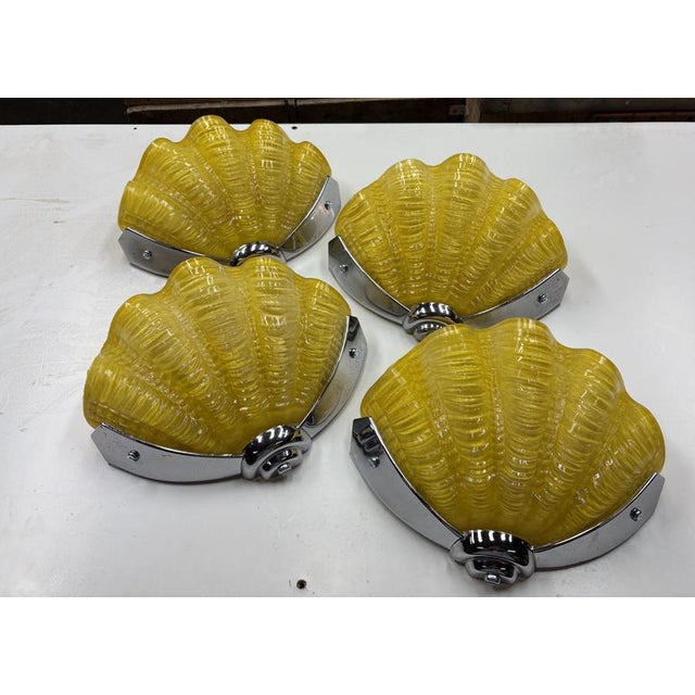Art Deco Chrome Shell Wall Lights in Daffodil Yellow, 1930s, Set of 4 For Sale - Image 11 of 12
