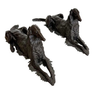 Pair of Fine Cast Opposing Borzoi Bronze Dog Sculptures in Repose For Sale