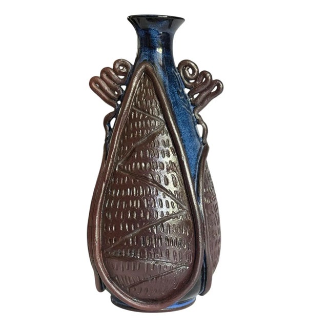 Mid 20th Century Blue Glaze & Brown Clay Studio Pottery Overlay Vase For Sale In Phoenix - Image 6 of 9