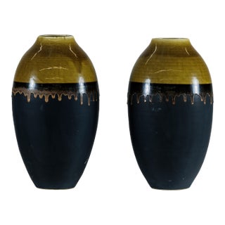 Large Artisan Ceramic Vases with Olive-Taupe and Black Drip Glaze Finish - A Pair For Sale