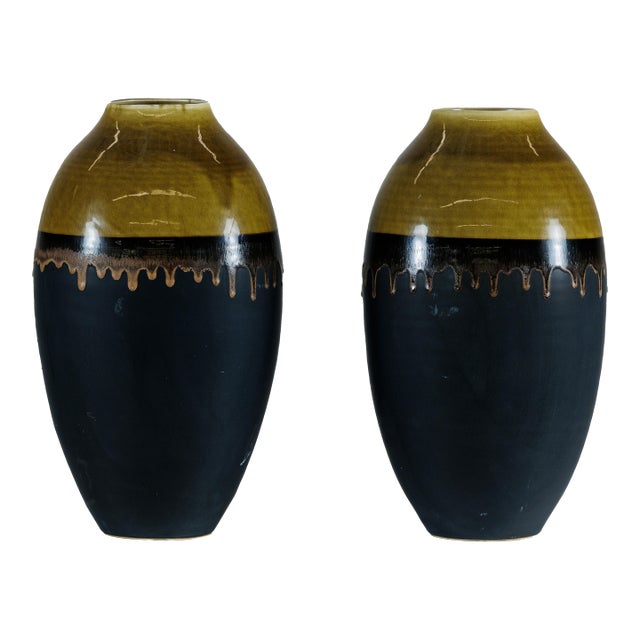 Large Artisan Ceramic Vases with Olive-Taupe and Black Drip Glaze Finish - A Pair For Sale