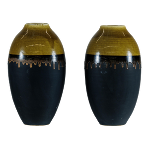 Large Artisan Ceramic Vases with Olive-Taupe and Black Drip Glaze Finish - A Pair