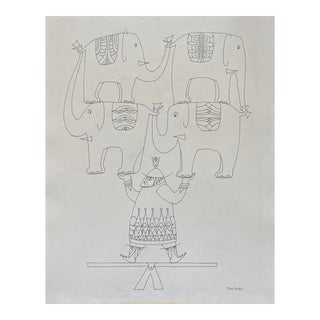 1960s John Risley Balancing Elephants Drawing For Sale