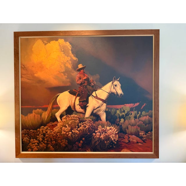 Mark Maggiori XXL “Electric Desert” Subject: A lone cowboy riding a white horse through a desert landscape beneath a...