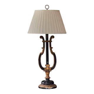 Vintage Italian Ebonized and Gilt Lyre Form Lamp For Sale