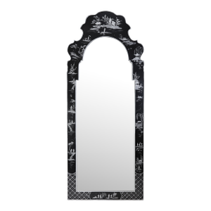 Vintage Chinoiserie Black and White Lacquered Metal Arch Wall Mirror