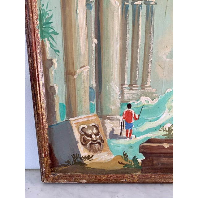 Early 20th Century Antique Grand Tour Italian Capriccio Framed Oil on Board Paintings of a Landscape With Ruins, Pair For Sale - Image 5 of 13