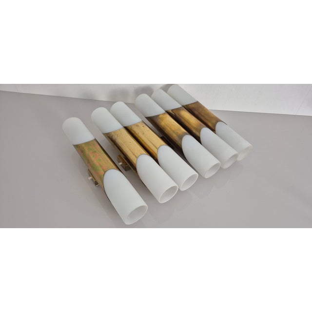 Mid-Century Modern Opal Glass and Brass Wall Sconces by Rolf Krüger for Paul Neuhaus Leuchten, Germany, 1960s, Set of 3 For Sale - Image 3 of 14