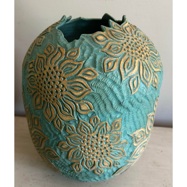 Vintage Large Blue Studio Pottery Vase With Sunflower Relief Pattern For Sale - Image 10 of 10