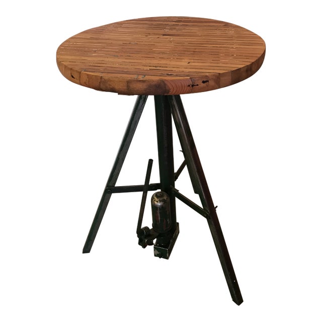 Vintage Industrial Wood and Steel Hydraulic Round Table For Sale