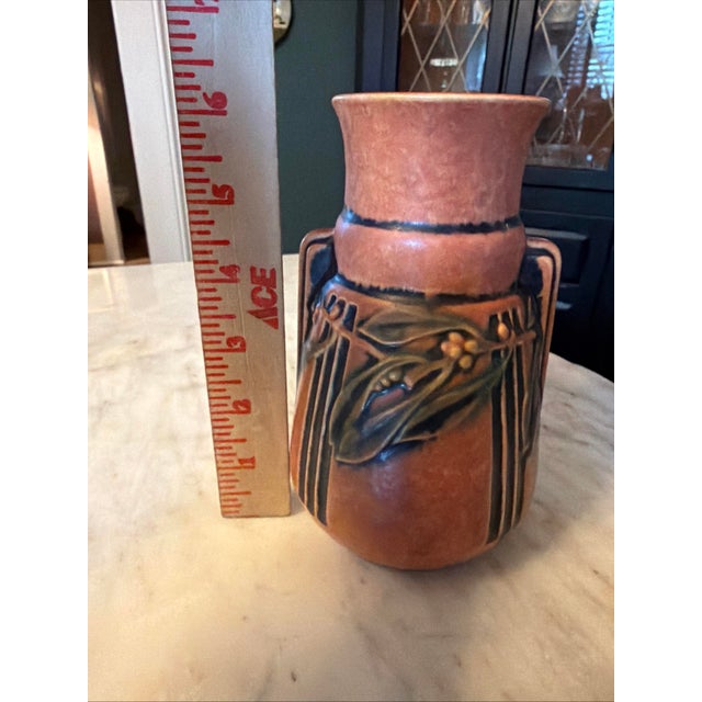 Roseville Laurel Art Pottery Persimmon Color Vase #667- 6 Ca. 1934 For Sale - Image 6 of 7