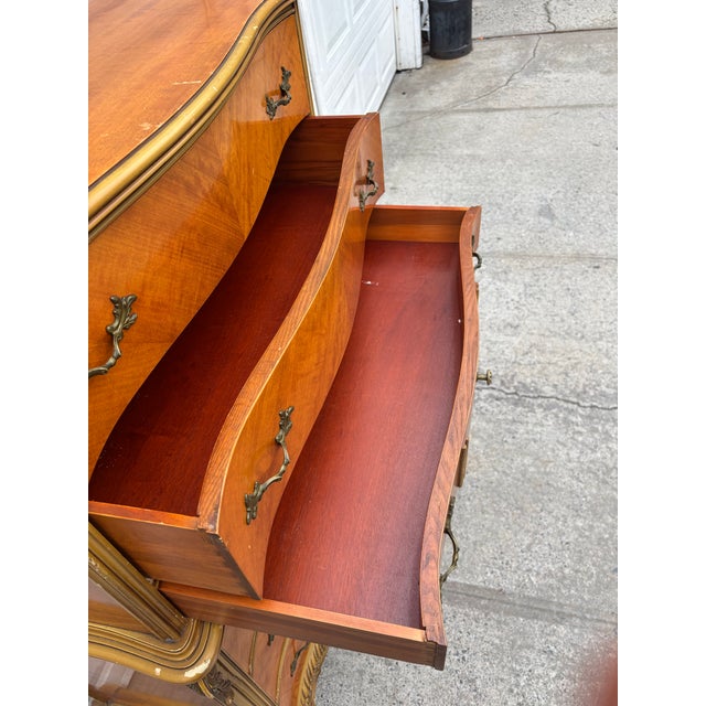 Gemstone Vintage French Provincial Bombe Highboy Dresser With Inlaid Wood & Gilt Trim, Serpentine Front For Sale - Image 7 of 12