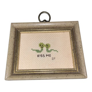 Vintage Handcrafted Cross Stitch "Kiss Me" Framed Art For Sale