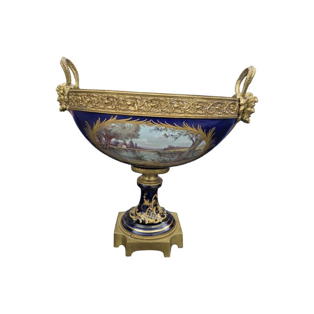 Ceramic Antique French Sevres Style Porcelain & Gilt Bronze Centerpiece Urn With Figural Handles For Sale - Image 7 of 10