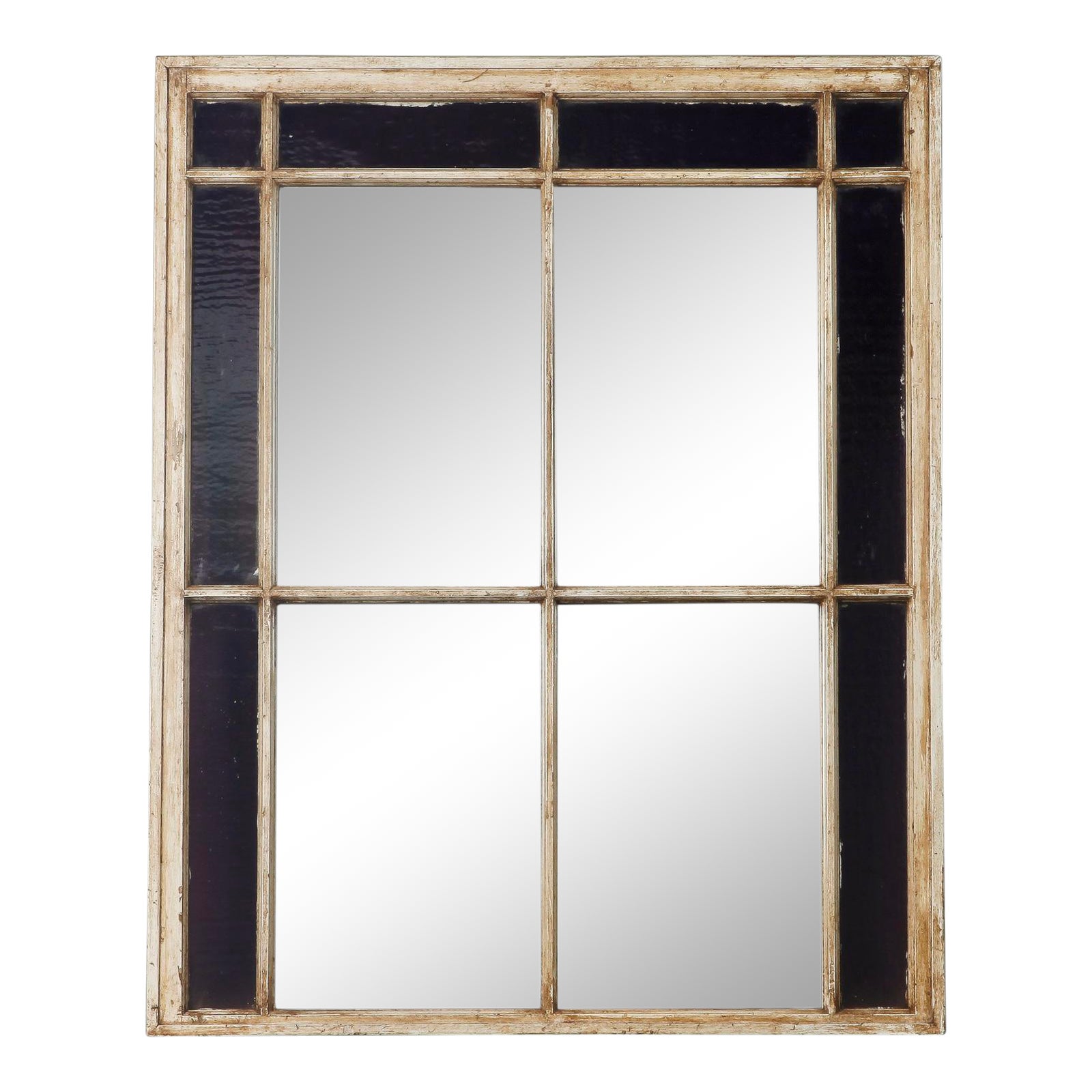 Antique Window Frame Mirror With Original Amethyst Stained Glass