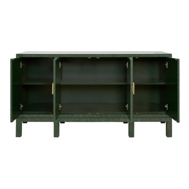 Contemporary Matthew Izzo Home Effie Green Grasscloth Four Door Buffet With Glass Top and Square Brass Handles For Sale - Image 3 of 6