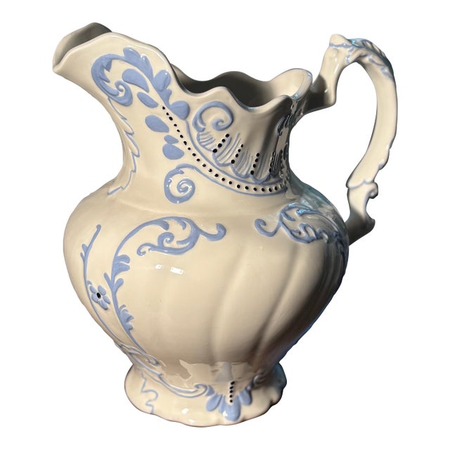 Antique Victorian Blue & White Ceramic Wash Pitcher For Sale