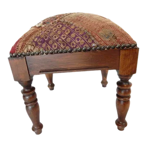 1980s Square Wooden Stool with Indian Patchwork Textile