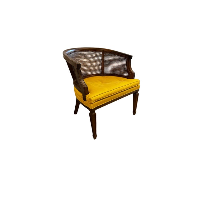 Vintage Cane-Back Barrel Chair With Yellow Upholstered Seat (Nice) For Sale - Image 4 of 10