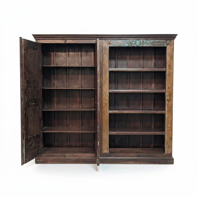 Far Pavilions 1970s Farmhouse Style Vintage Carved Doors Repurposed 92" Wide Bookcase Armoire For Sale - Image 4 of 7