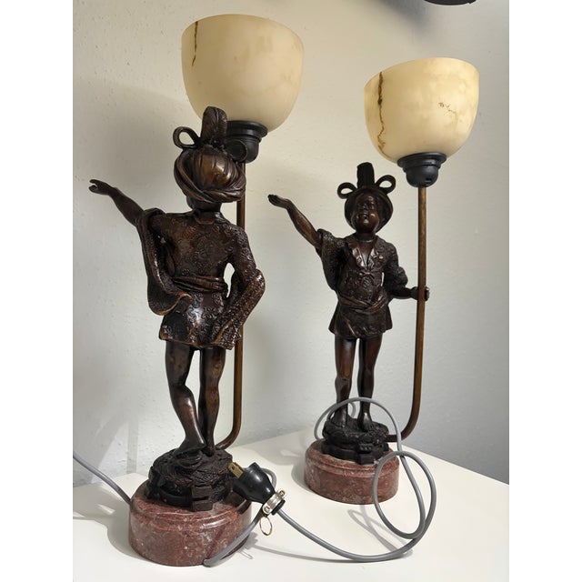 Mid 20th Century Mid-20th Century Venetian Style Figural Bronze Blackamoor Table Lamps on Red Marble Bases - A Pair For Sale - Image 5 of 9