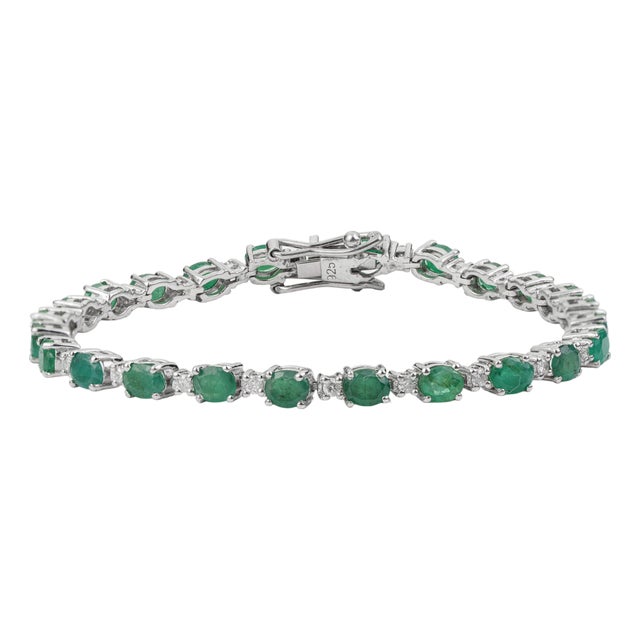 Jardin De Deco Style 8.75 Ct Oval Emerald & Diamond Fine Tennis Bracelet 7 Inch For Sale