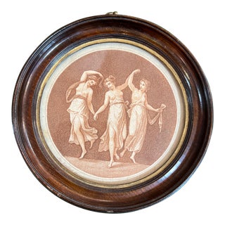 Early 20th Century Round Neoclassical Style Sepia Print in Walnut Frame With Gilded Accent For Sale